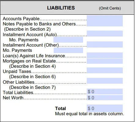 SBA Form 413 liabilities section