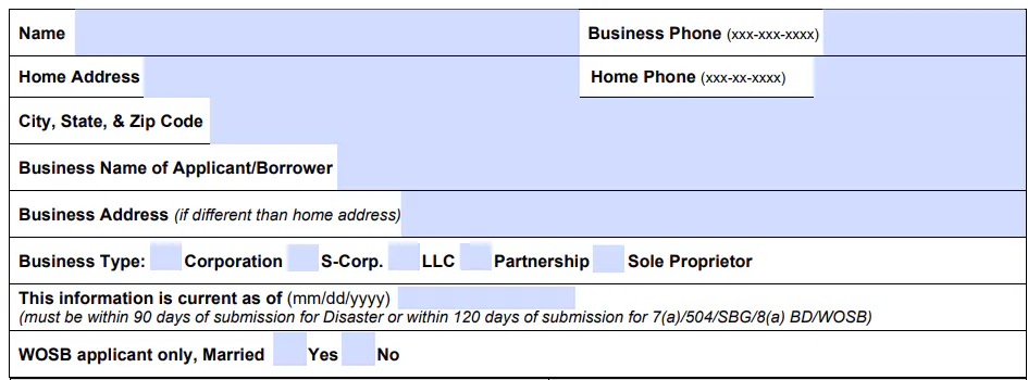 SBA Form 413 contact section