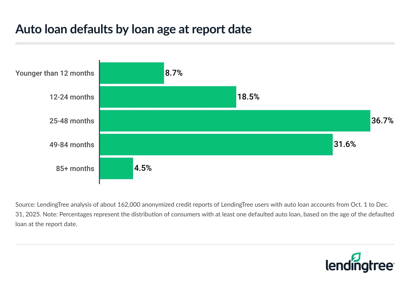 Auto loan defaults by loan age at report date.