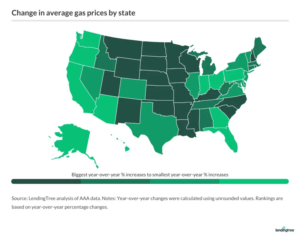 Change in average gas prices by state.